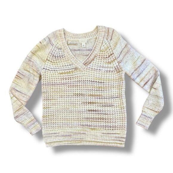 Caslon Cream and Brown V-Neck Sweater Sz M - Picture 1 of 9